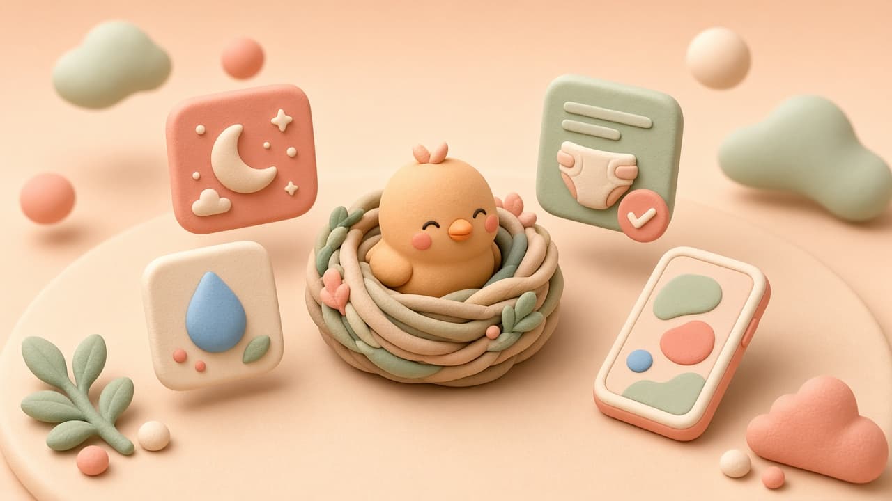 A clay chick in a cozy nest surrounded by feed, sleep, and diaper tokens